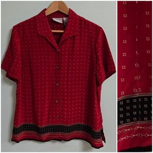 Vtg Silk Liz Claiborne Short Sleeve Button Down Red Black